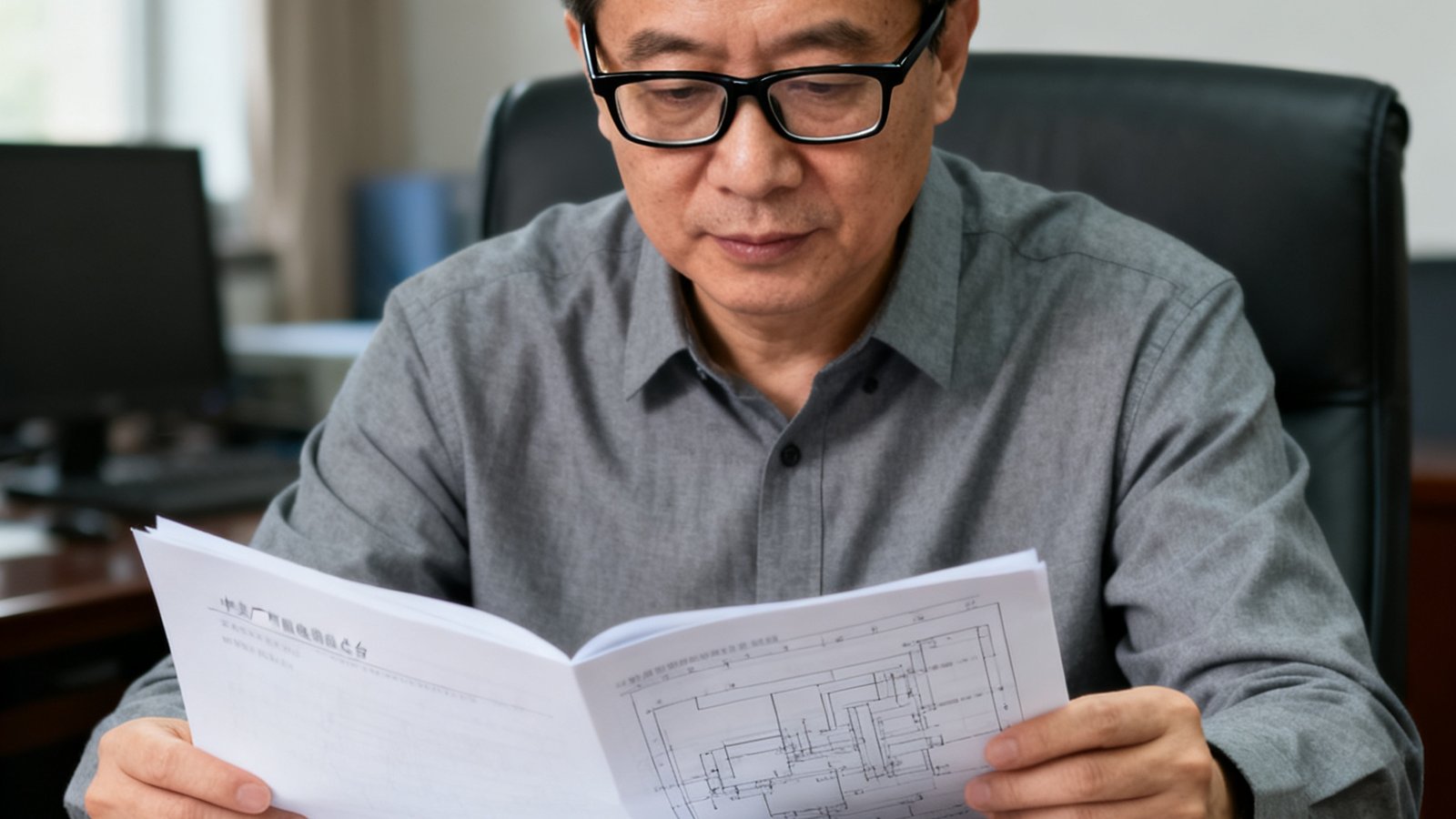 一张中央广播电视总台技术负责人王建明的职业肖像照片，他戴着黑框眼镜，身穿灰色衬衫，坐在办公桌前翻阅技术文档，桌面上放着一台OB视讯光纤传输器样机。